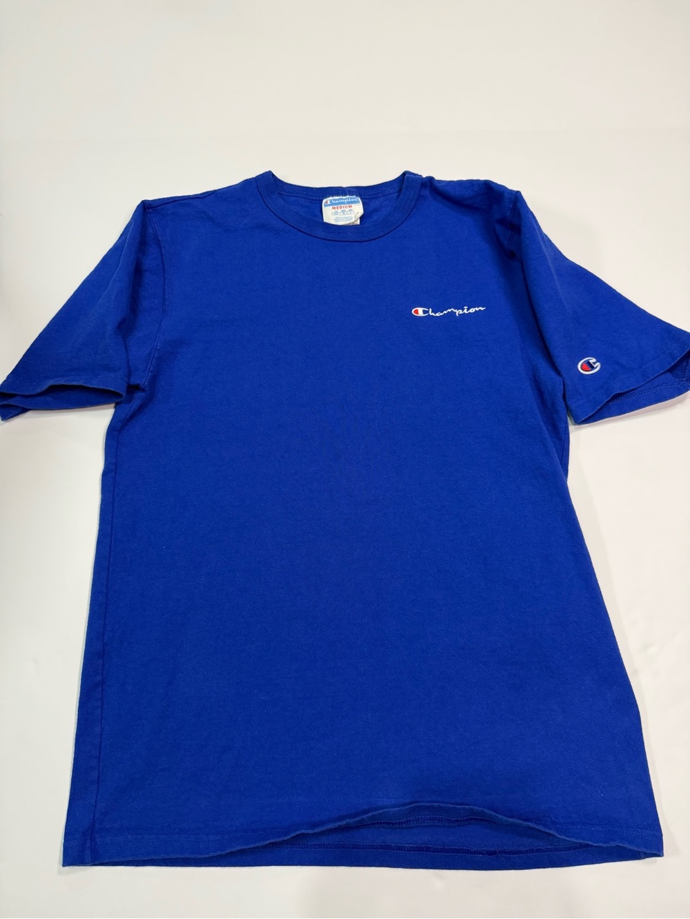 Vintage Champion Men’s Royal Blue Script Logo Short Sleeve Tee